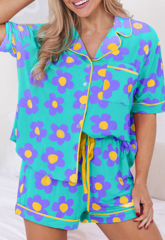 Retro Floral Print Short Sleeve Shirt & Shorts Pajama Set