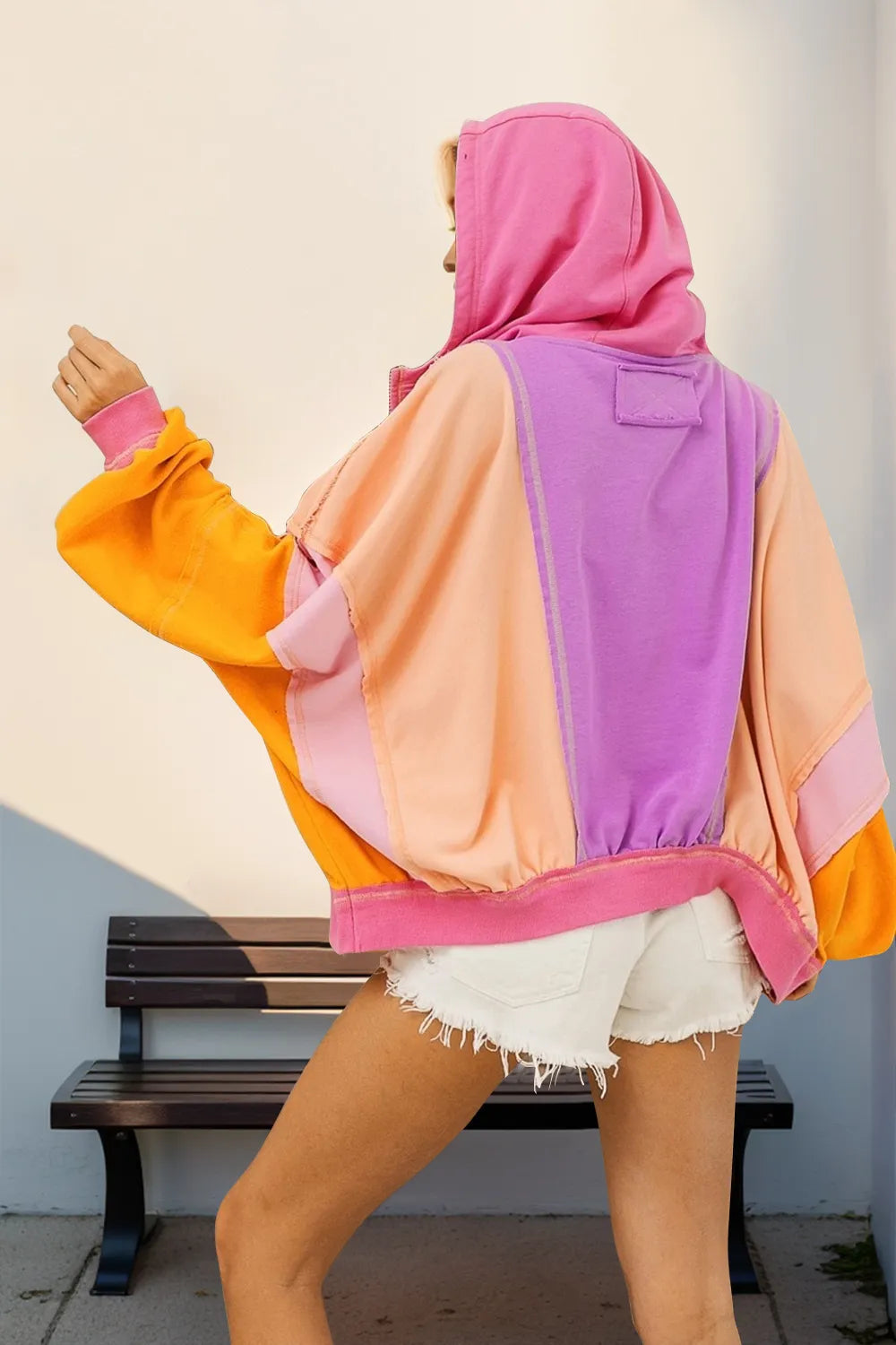 DROP SHOULDER BAGGY COLOR BLOCK ZIP UP HOODIE SIZE SMALL