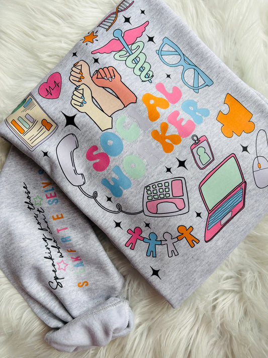 DOODLE CAN’T TALK RIGHT NOW DOING SOCIAL WORKER STUFF CREWNECK