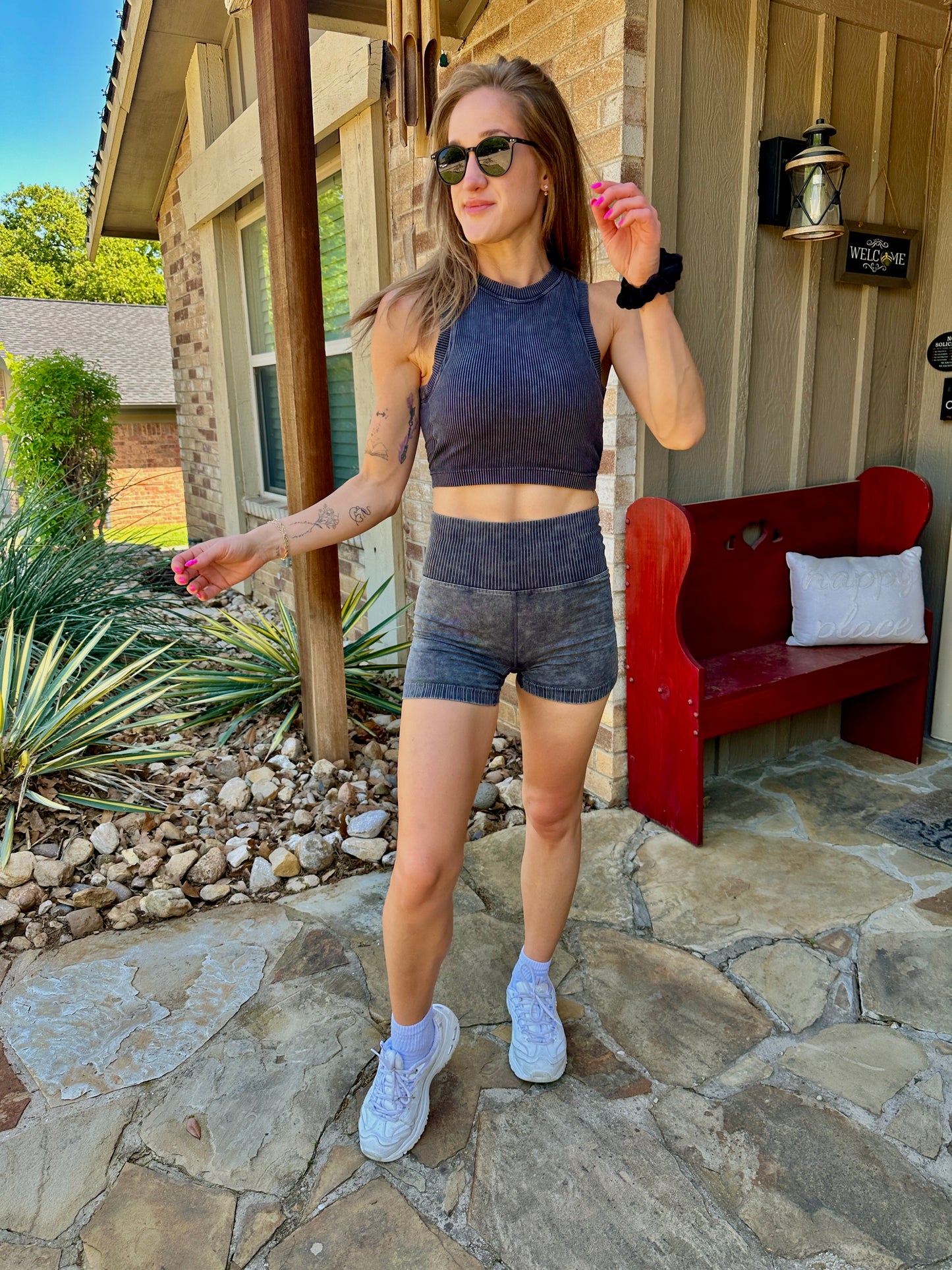 ZENANA RIBBED PADDED WASHED TANK & BIKER SHORTS SET ASH BLACK