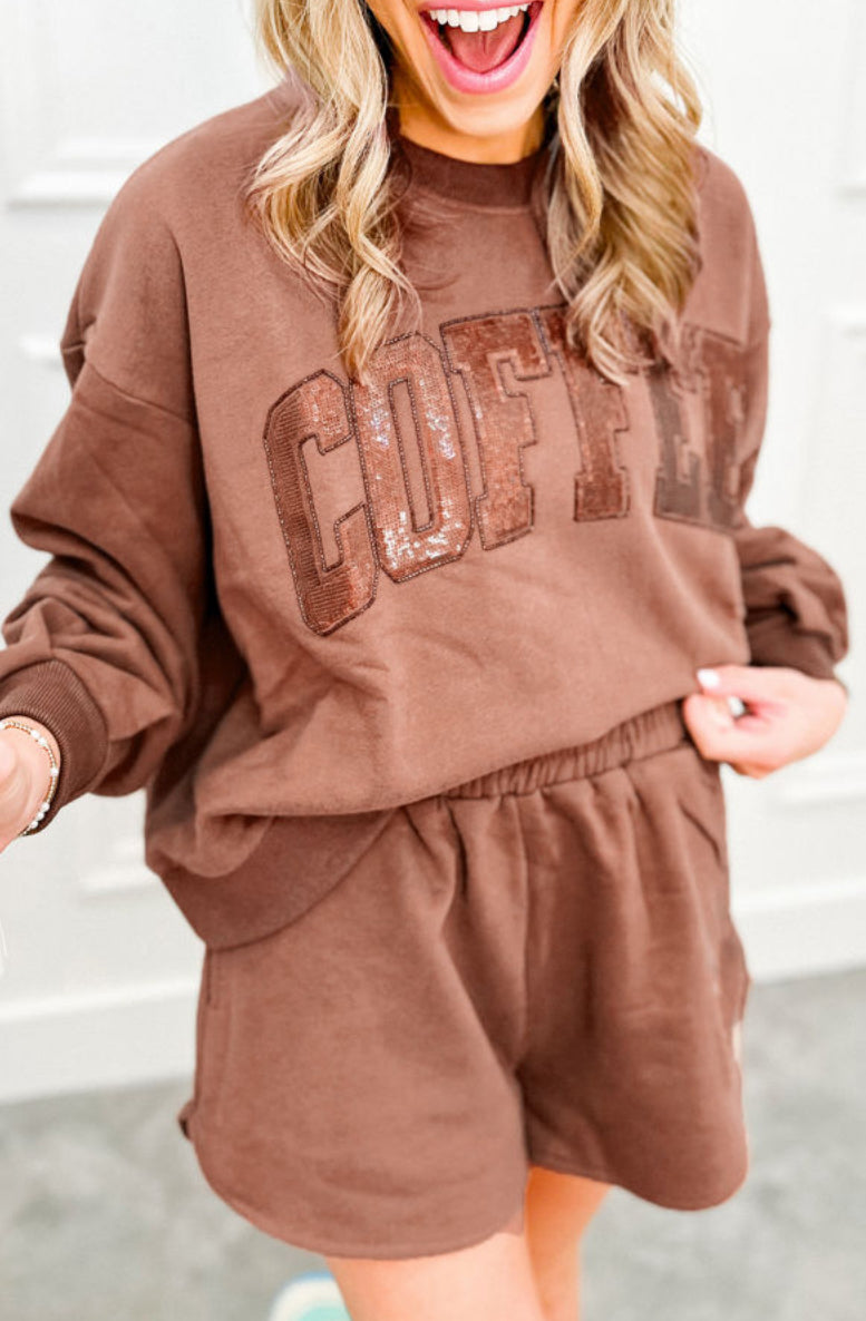 Sequined COFFEE Loose Fit Sweatshirt and Shorts Set