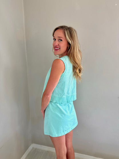 TEAL TWO PIECE HIGH WAISTED SKIRT & SLEEVELESS TOP SET