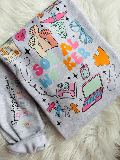DOODLE CAN’T TALK RIGHT NOW DOING SOCIAL WORKER STUFF CREWNECK