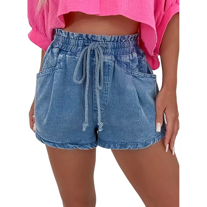 DRAW STRING HIGH WAISTED DENIM SHORTS