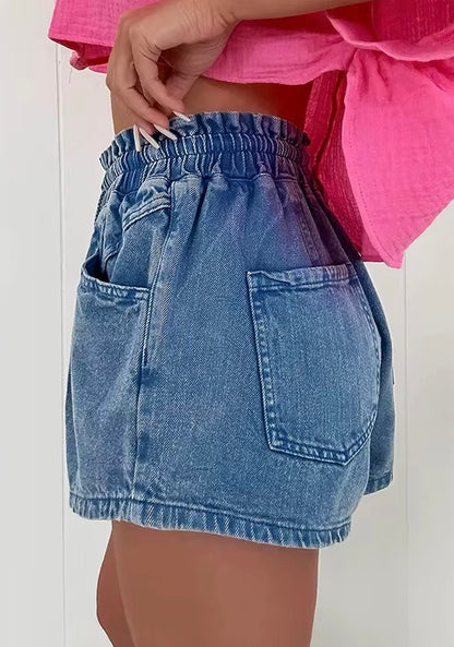 DRAW STRING HIGH WAISTED DENIM SHORTS