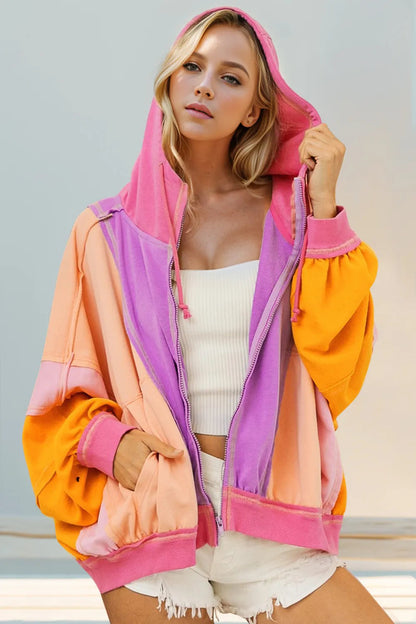 DROP SHOULDER BAGGY COLOR BLOCK ZIP UP HOODIE SIZE SMALL