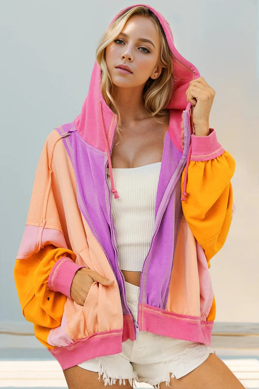 DROP SHOULDER BAGGY COLOR BLOCK ZIP UP HOODIE SIZE SMALL