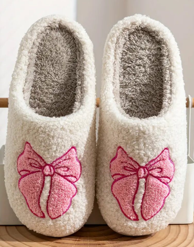 Coquette Bowknot Pattern Fuzzy Home Slippers