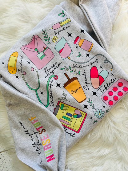 DOODLE CAN’T TALK RIGHT NOW DOING NURSE STUFF CREWNECK