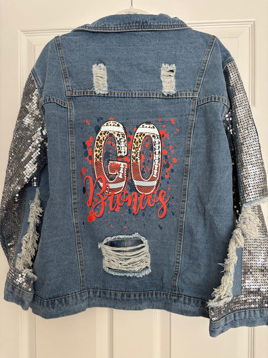 Go Broncos Distressed Sleeve Denim Bling Jacket Size XL